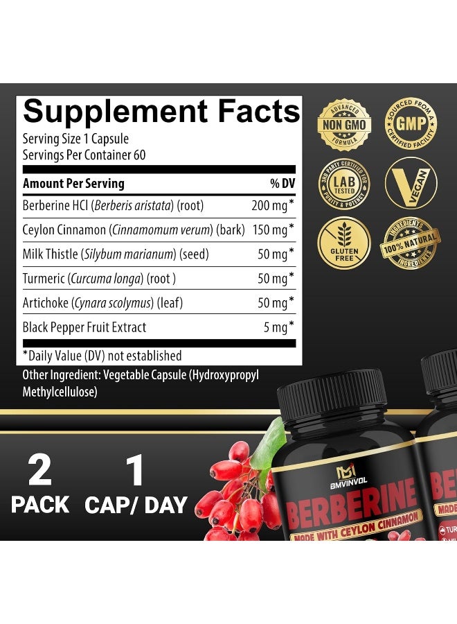 BMVINVOL (2 Packs) Berberine Supplement 4700mg Plus Ceylon Cinnamon, Turmeric - 120 Capsules - Supports Immune Function - Berberine HCl Supplement Pills - 4 Months Supply - Image 2